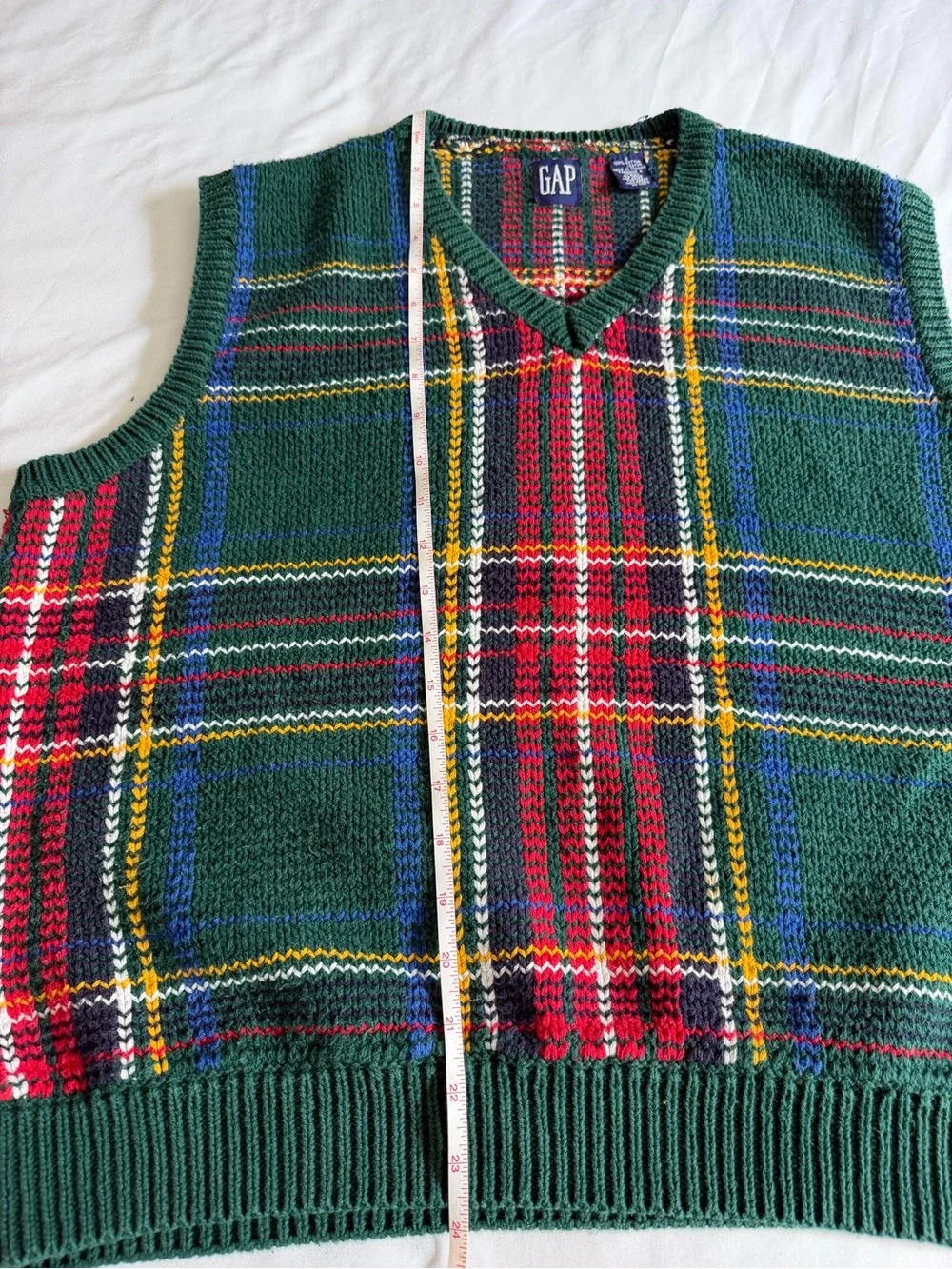 VTG 90s GAP Green Blue Red Holiday Tartan Plaid Knit Sweater Vest 100% Cotton